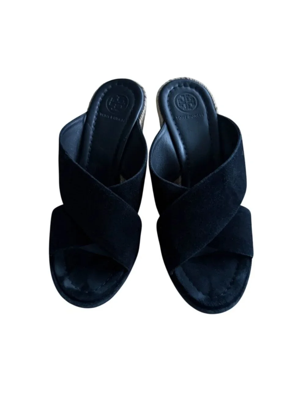 TORY BURCH Black Suede Espadrille Wedges Size 7